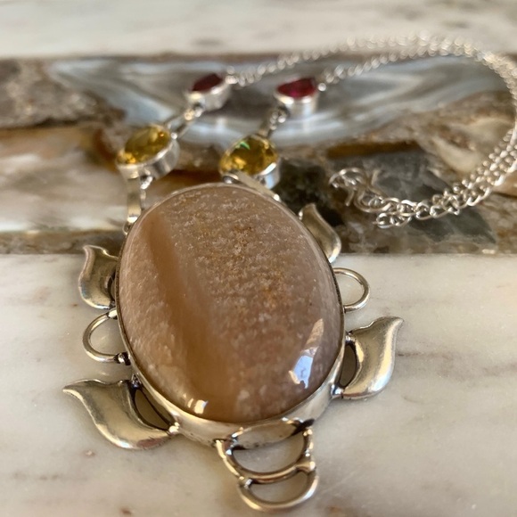 None Jewelry - 2325 Elegant Silver and Brown Necklace with Gemstone Accents